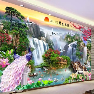 新款客廳山水畫中國風流水生財風景布藝裝飾畫沙發背景墻貼自粘風水畫山水畫財源滾滾財水左往右流招財有靠山 蝦皮購物