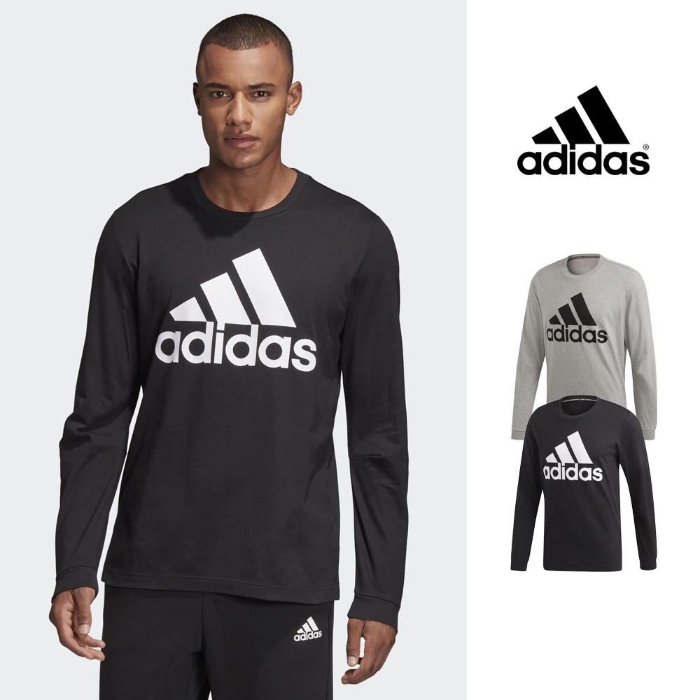 Adidas 黑/灰 長袖T恤 運動 休閒 棉質 彈性 上衣 基本款 Logo