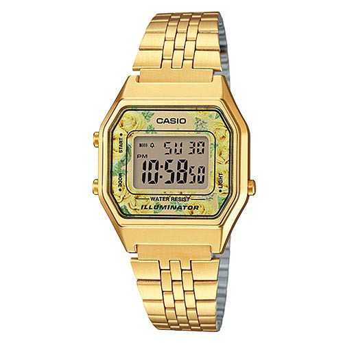【CASIO】方格典雅玫瑰金色電子錶-花團錦簇(LA-680WGA-9C)正版宏崑公司貨