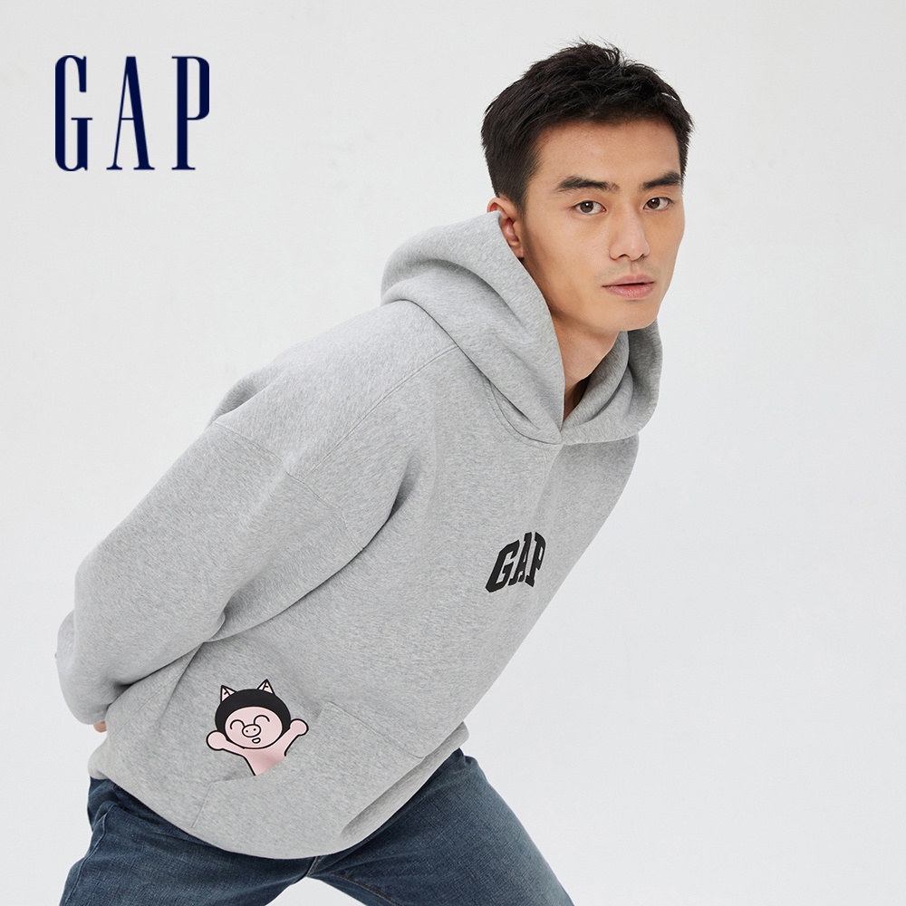 Gap 男女同款 Gap x HOZO聯名 Logo刷毛帽T 碳素軟磨系列-淺灰色(798289)