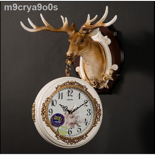 #™▫◆歐式雙面掛鐘鐘錶客廳美式北歐復古家用鹿頭裝飾石英鐘創意大掛表
