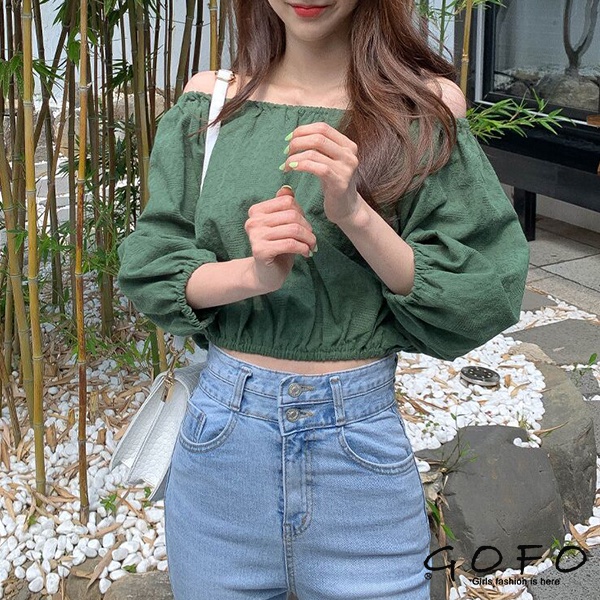GF 短袖上衣 韓系顯瘦 性感一字領露肩 短腰 短版上衣 女生衣著 女生上衣 綠色