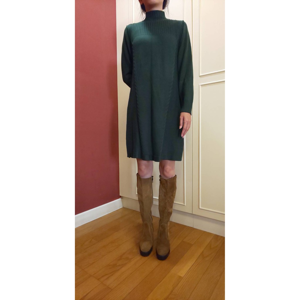 MKD典雅灰色毛料高領素色洋裝(墨綠色)