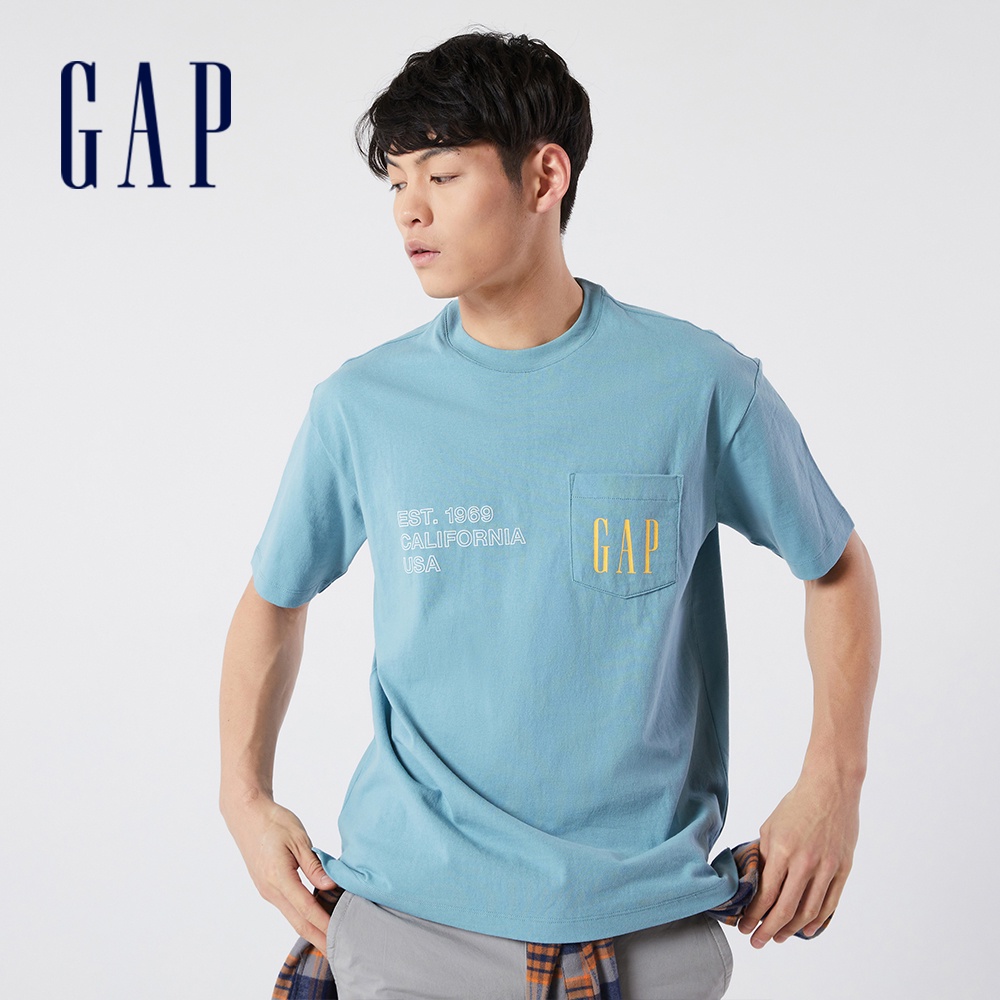 Gap 男女同款 Logo純棉短袖T恤 厚磅密織水洗棉系列-天藍色(809024)