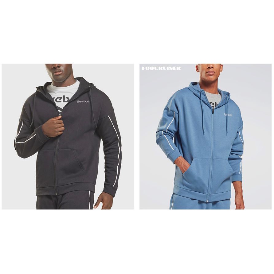 REEBOK TRAINING PIPING ZIP-UP HOODIE 連帽外套 刷毛 休閒外套 落肩 黑色 藍色