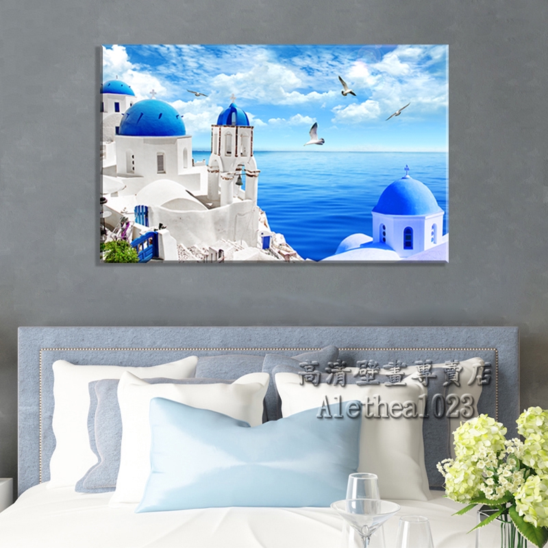 實木框畫 愛情海 聖托里尼島 北歐地中海ins風 藍白系列居家風景裝飾畫 生日禮物 沙發背景墻畫 壁貼 無框畫