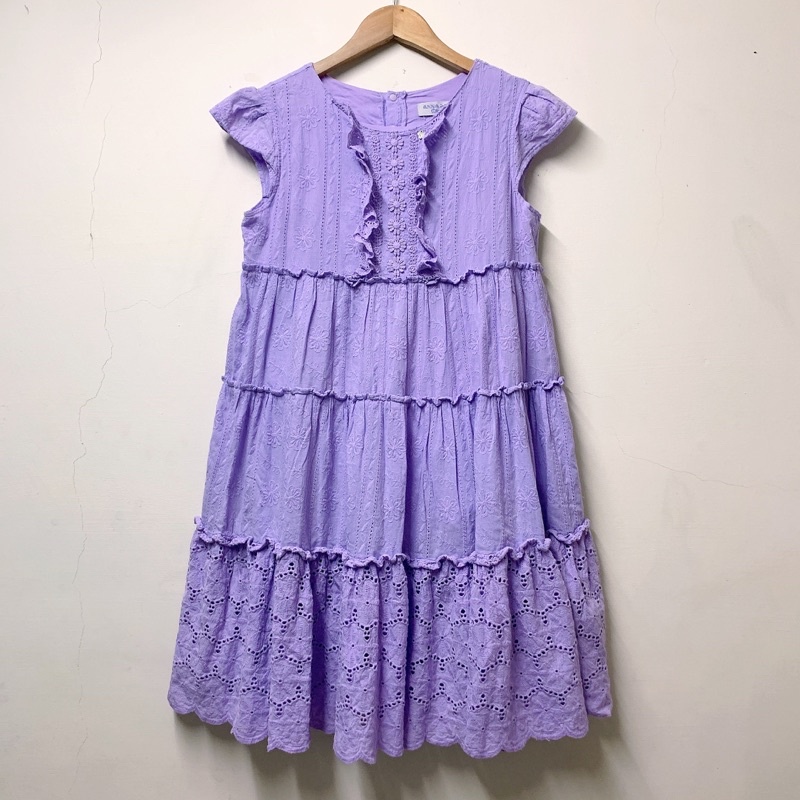 ANNA SUI Mini 女童 蕾絲雕花蓬蓬公主袖洋裝 公主洋裝 紫色洋裝
