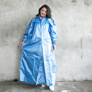 大特價☆宥鈞機車騎士精品☆OUT奧德蒙亮光紗布料超潑水材質 亮採前開連身式風雨衣- 水藍色