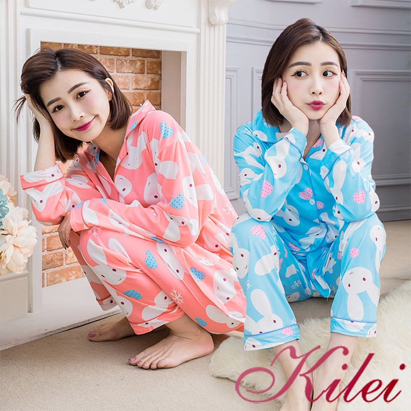 【Kilei】女生睡衣 睡衣套裝 家居服 滿版兔子愛心牛奶絲全開釦襯衫領口袋長袖二件式睡衣組XA4290(共二色)全尺碼