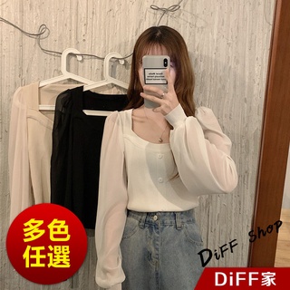 【diff】韓版方領拼接針織上衣 短版上衣 長袖上衣 毛衣 女裝 衣服 寬鬆上衣 顯瘦上衣 冬裝 長袖t恤【w273】