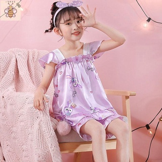 小蜜蜂童裝 女童睡衣 女童居家服 夏季睡衣兒童睡衣女童夏短袖吊帶背心冰絲透氣卡通薄款女童夏裝家居服套裝