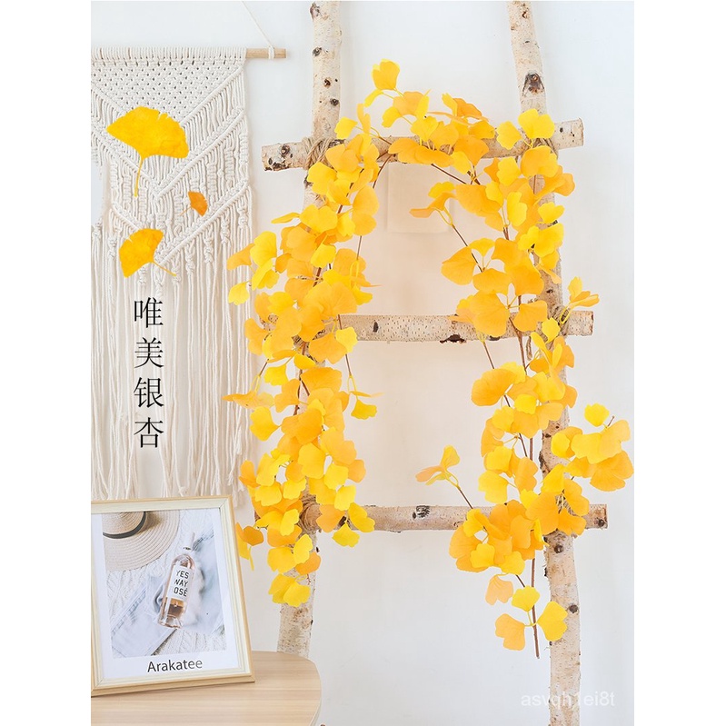香港現貨 仿真銀杏葉黃色假樹葉子假花藤條纏繞水管道裝飾塑料花綠植物藤蔓 蝦皮購物