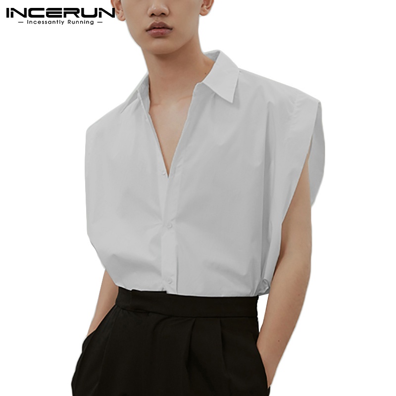 Incerun Men Young Fashion Cotton 無袖寬鬆鈕扣翻領領襯衫