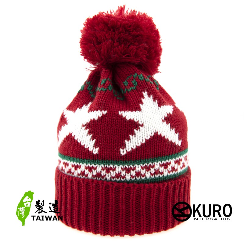 KURO-SHOP台灣製造 紅色星星球球針織帽
