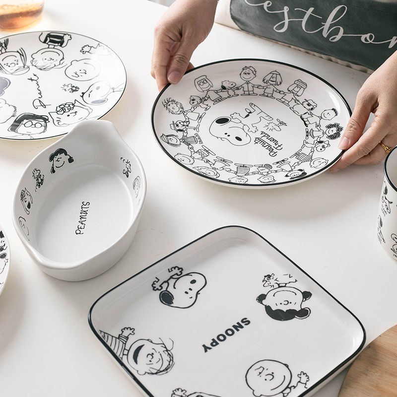 多款現貨✨ins推薦！韓國可愛史努比餐具組 陶瓷杯餐盤餐碗 馬克杯水杯點心盤飯碗沙拉碗 簡約黑白創意餐具學生 飯碗禮物