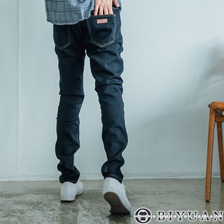 【OBIYUAN】牛仔褲 薄刷毛 保暖 素面 彈性 丹寧 小皮標 長褲 【HK3201】