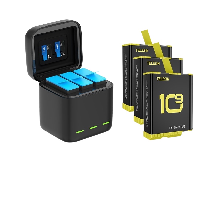 ►◇TELESIN 適配GoPro hero10電池收納式充電盒套裝gopro9三充電器