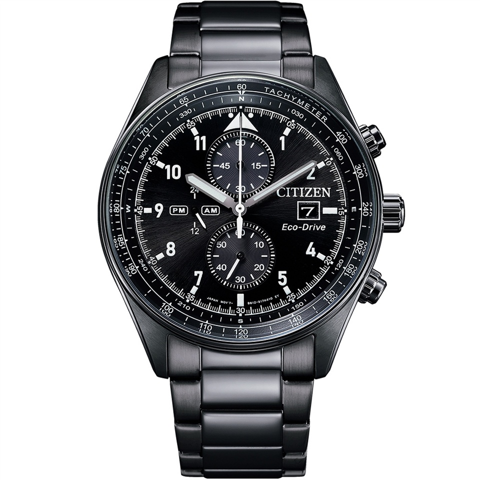 CITIZEN星辰錶 光動能全黑三眼計時不鏽鋼錶 42.5mm CA0775-87E 原廠公司貨保固2年