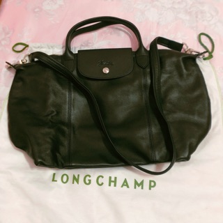 LONGCHAMP Le pliage Cuir 短把皮革折疊兩用包（中/黑）