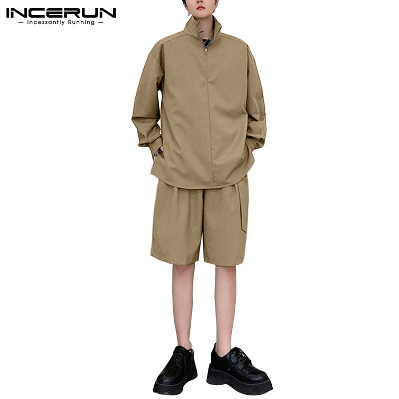INCERUN 男士日式長袖拉鍊上衣+短褲酷炫設計衣服套裝