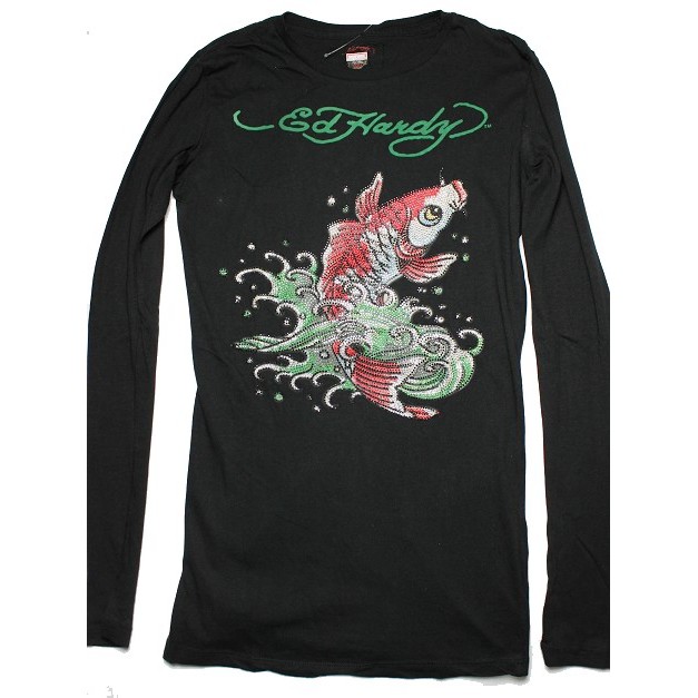 Ed Hardy 女長袖 T 恤 貼鑽 KOI 鯉魚 刺青 微風潮牌 黑色 長版 XS S 【以靡專櫃正品 imy88】