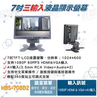 <台灣現貨 快速出貨>HBS-708D2 7吋IPS液晶顯示器 監視.車用皆可 顯示器支持AV/HDMI/VGA