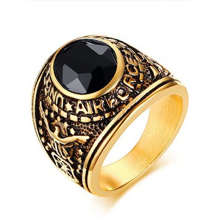 【QRC-339】精緻個性歐美寬版老鷹標誌黑鋯石金色鈦鋼戒指/戒環