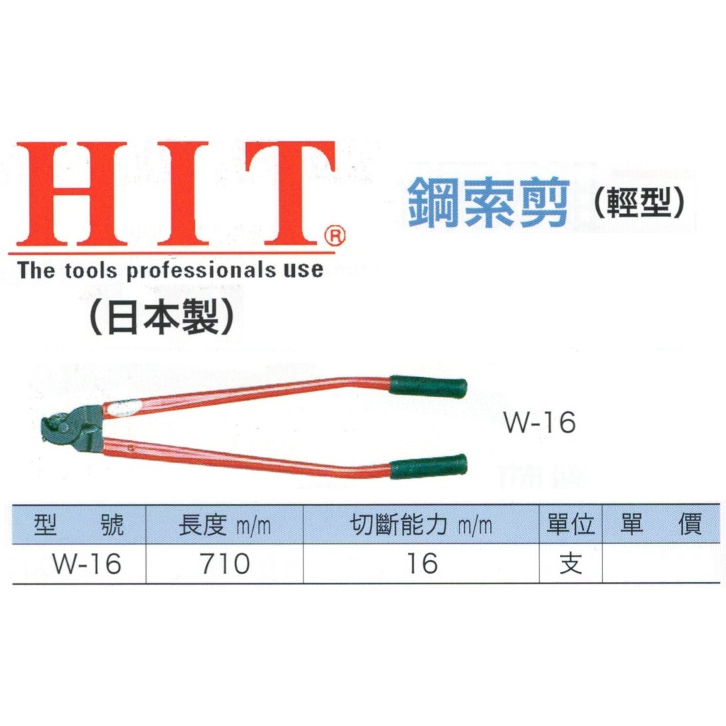 HIT 日本製 鋼索剪(輕型) W-16 價格請來電或留言洽詢