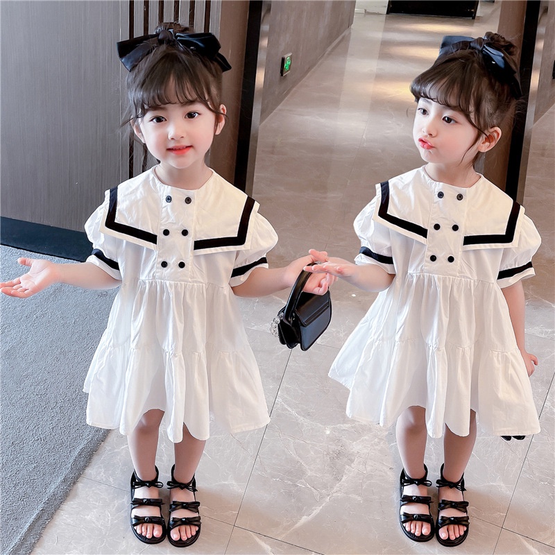 [哆蕾咪] 現貨 夏季新款時尚海軍風可愛洋裝 韓版女童甜美白色氣質洋裝 女童短袖洋裝 女童白色洋裝 女童洋裝夏天 女童洋