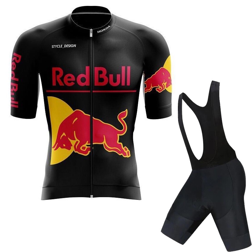 Red Bull 騎行服套裝速降男士黑色自行車短袖高品質騎行服背帶褲短褲套裝