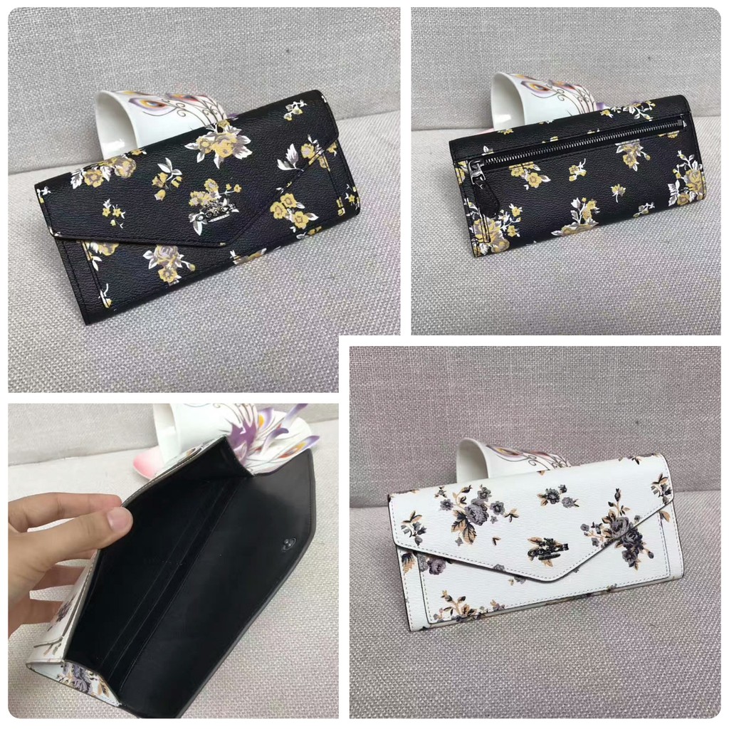小皮美國正品代購coach 女士翻蓋手拿包花卉信封長夾小碎花風格內置六個卡位附購證 蝦皮購物