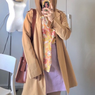 現貨/溫柔鄉💛絨布觸感 仙女黃 中長版風衣外套 [質感古著] vintage外套