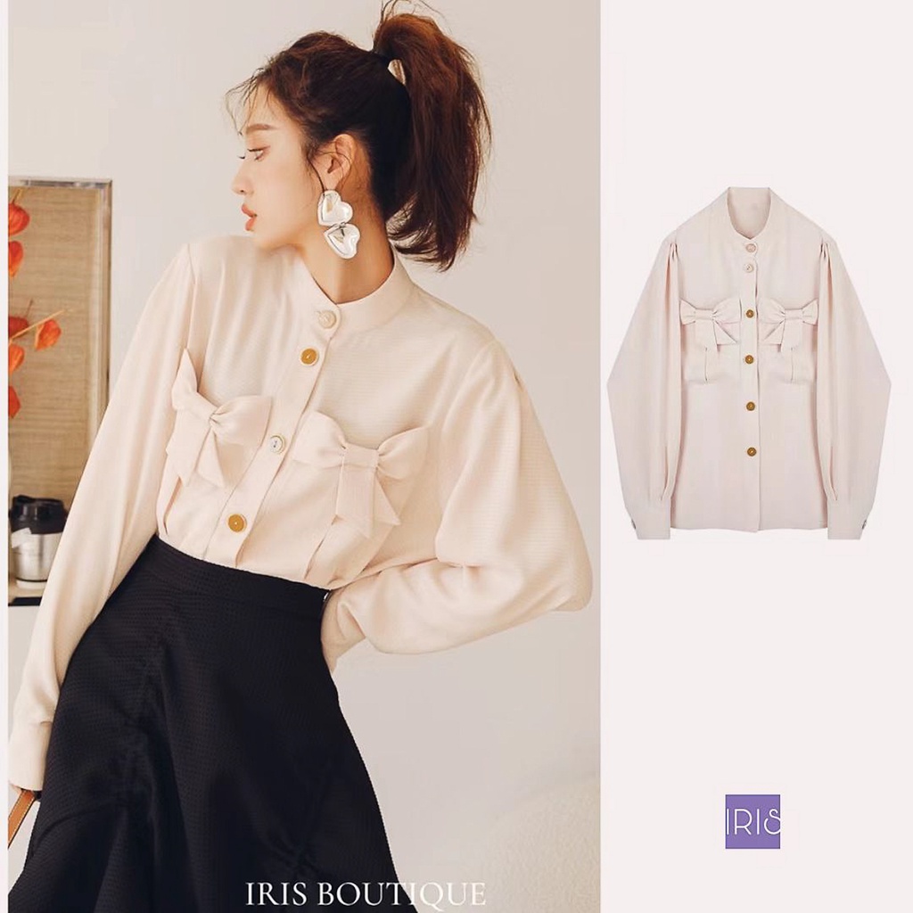 IRIS BOUTIQUE﻿ Sweet heart blouse IS077 蝴蝶結口袋裸色女士長袖襯衫上衣