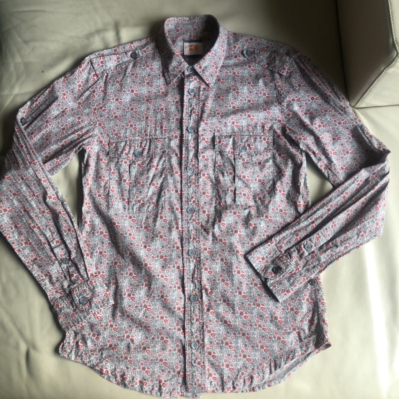 保證正品Hugo Boss 橘標 薄款 碎花 軍裝式 長袖襯衫 一衣兩穿 size M