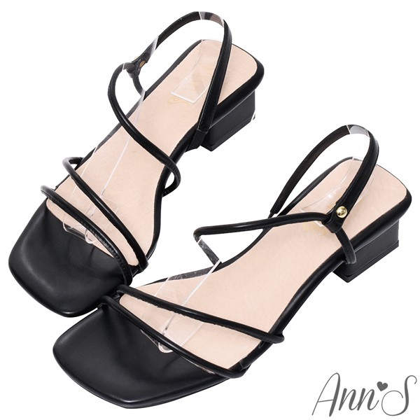 Ann’S舒適圓條顯瘦V曲線方頭粗跟涼鞋3.5cm-黑