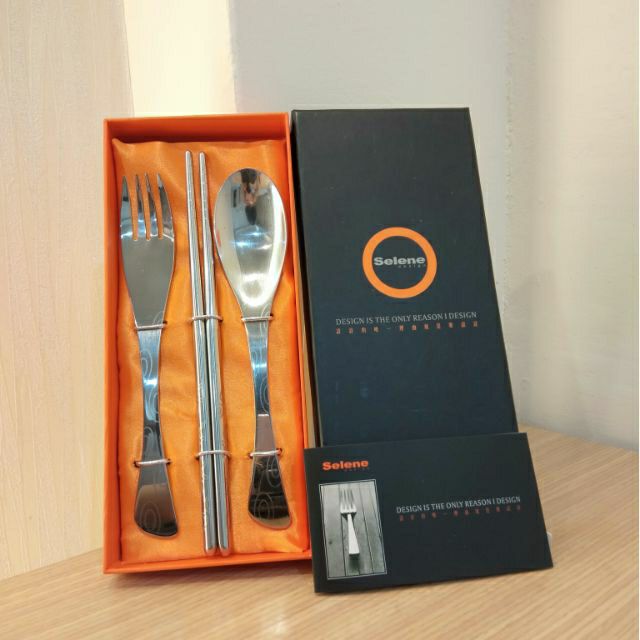 Selene意大利高級不銹鋼環保餐具三件組(筷子+湯匙+叉子+絨布套)