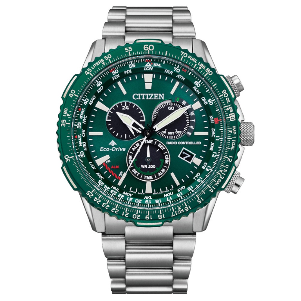 【CITIZEN 星辰】PROMASTER 光動能電波對時三眼碼錶計時腕錶-銀綠/鋼帶(CB5004-59W)