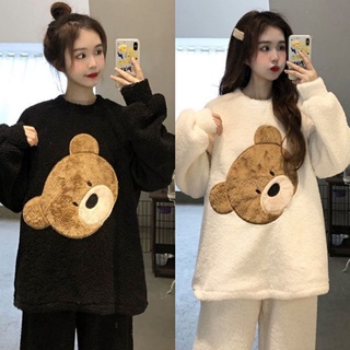 Lucky clover🍀韓版可愛小熊暖暖居家服法蘭絨珊瑚絨上衣+褲子甜美休閒INS兩件套裝組