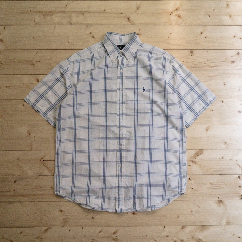 《白木11》 🇺🇸 90s Polo Ralph Lauren BD shirt 白色 格紋 扣領 短袖 襯衫