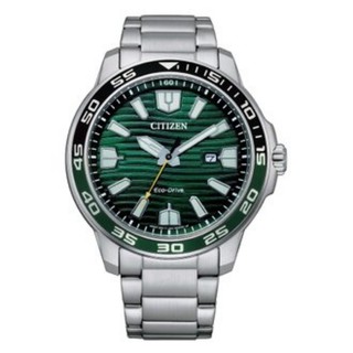 CITIZEN GENT'S 光動能海洋波紋型男腕錶-銀X綠-AW1526-89X-44.5mm