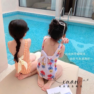 Xuan♥ 韓國兒童泳衣女蝴蝶結泫雅花朵連體游泳衣女童小公主寶寶可愛泳裝