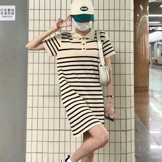 韓系條紋針織洋裝 205552 夏季Polo領T恤裙 寬鬆中長裙