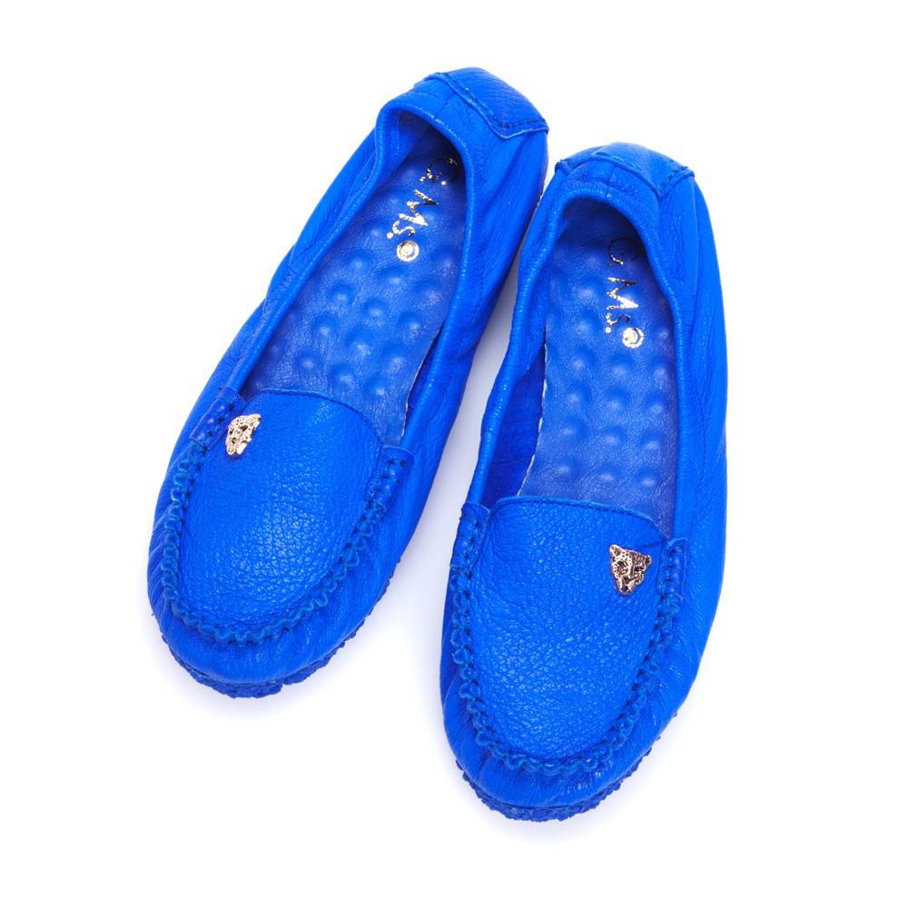 G.Ms. 金屬豹頭飾釦全真皮莫卡辛鞋-藍色35號