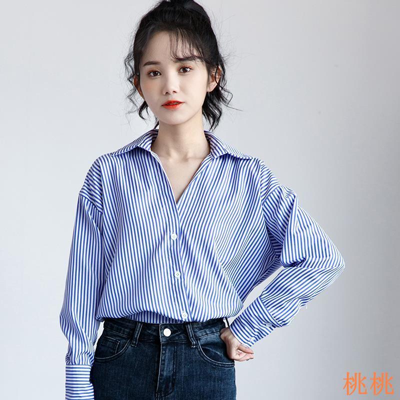 桃桃21春季新款藍色條紋襯衫女小眾設計感藍白襯衣豎條紋長袖上衣潮 蝦皮購物