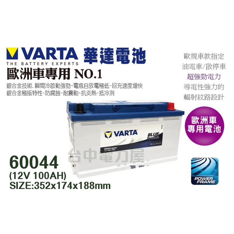 【台中電力屋】華達VARTA 60044 LN5 100AH  同60038 適用 BMW 520i BENZ E240