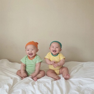 現貨 夏季款韓版嬰幼兒男女寶寶 糖果色格紋 可愛包屁衣 家居服 有含帽子 顏色鮮豔