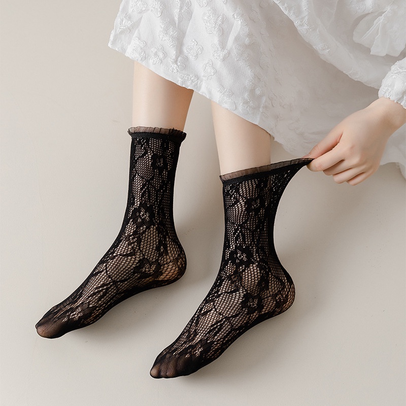 少女蕾絲花邊白色襪子 女士夏季薄款中筒襪 外穿鏤空網眼堆堆襪