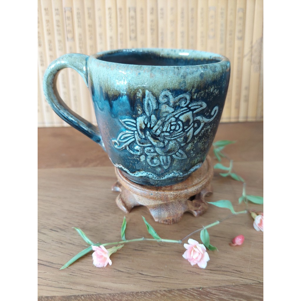 台灣 自然落灰柴燒杯 陶土手拉坏 咖啡杯   水杯、馬克杯、茶杯、手工雕刻、獨一無二  - 小 玫瑰花C