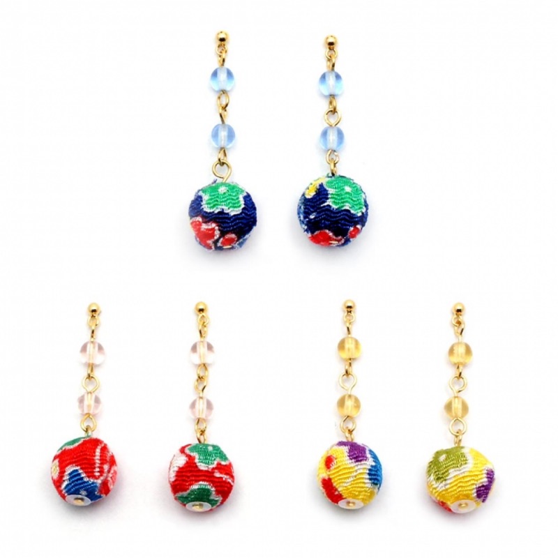 MUK針式耳環 gargle 抗敏 縐綢球與小玻璃珠 三色 紅/黃/藍 日本製🇯🇵
