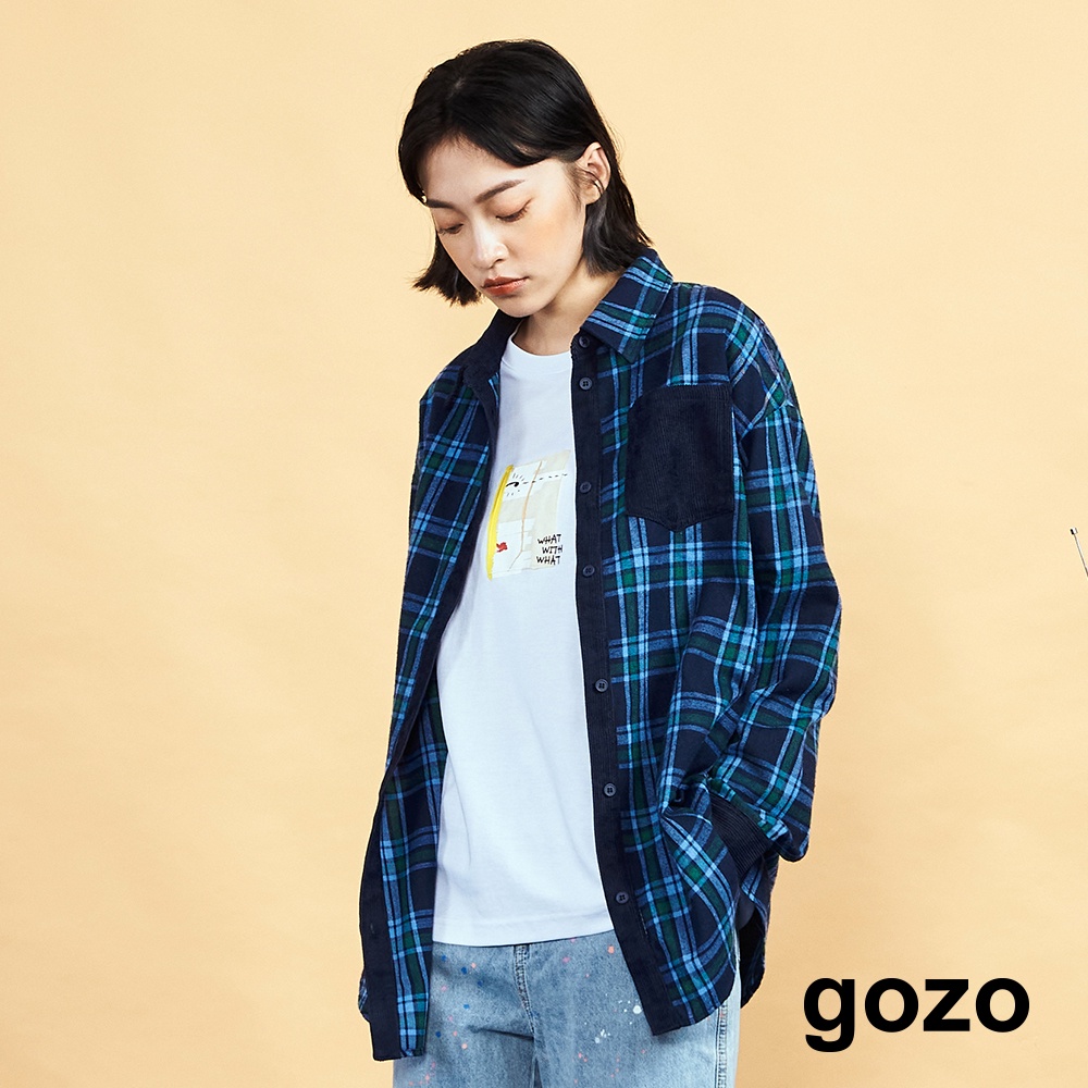 【gozo】磨毛燈芯絨拼接格紋襯衫(深藍_F)｜女裝 顯瘦 休閒